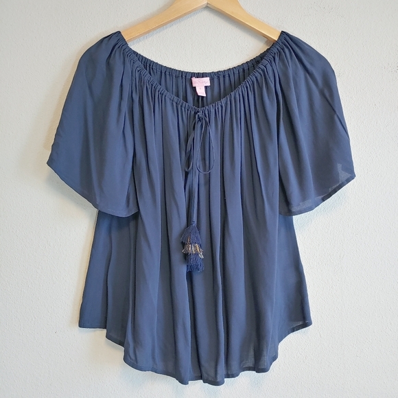 Lilly Pulitzer True Blue Sain Blouse Tassel Elastic Neck Sz S - Picture 2 of 10